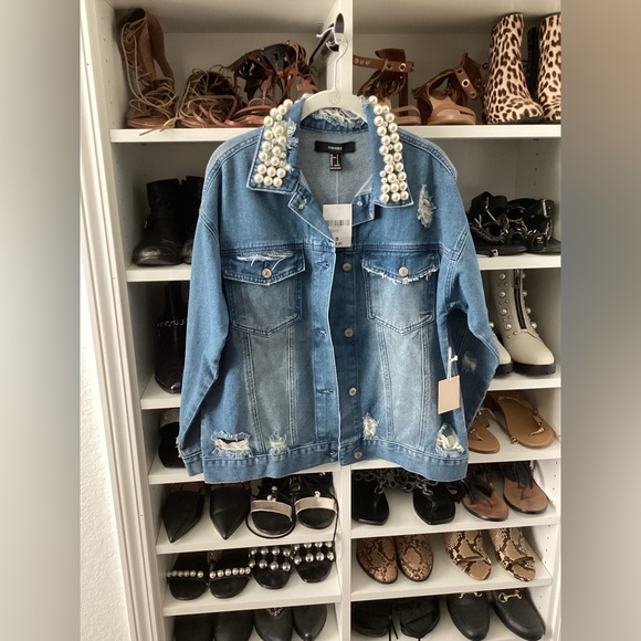 Jackets & Blazers - Distressed Blue Denim Jacket with Pearls